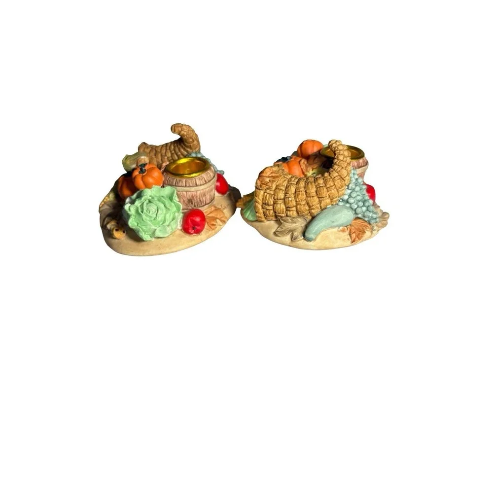 Pair of‎ Stoneware Thanksgiving Cornucopia Tapered Candle Holders